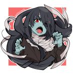 1girl absurdres bandage black_dress black_hair blue_skin dress eyebrows_visible_through_hair eyes_visible_through_hair hair_between_eyes highres long_hair off_shoulder open_mouth outstretched_arms red_eyes saltnvalk sharp_teeth signature solo teeth yamada_tae zombie zombie_land_saga zombie_pose 