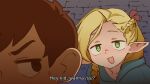  1boy 1girl 4chan blonde_hair braid brown_hair chilchuck_tims commentary dungeon_meshi elf green_eyes highres long_hair looking_at_another marcille_donato naughty_face open_mouth orenji_(wholesomeorenji) pointy_ears robe smile subtitled sweatdrop 