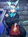  1girl absurdres ahoge animal_ears aqua_hair aqua_scarf bag black_sweater blue_bag blue_eyes blue_hair blue_scarf blush breasts bridge cat_ears cat_tail commentary_request facial_mark gift hair_between_eyes hair_intakes hair_tubes hairband highres holding holding_gift incoming_gift large_breasts long_sleeves looking_at_viewer omurice_(green_solenoid) open_mouth outdoors red_hairband risakiriki sakiko_yarimura_(risakiriki) scarf short_hair shoulder_bag solo steam_from_mouth sweater tail valentine 