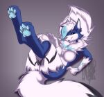 absurd_res anthro arts-la-huska blue_pawpads breasts female generation_7_pokemon hi_res hybrid legendary_pokemon lycanroc midnight_lycanroc nintendo pawpads paws pokemon pokemon_(species) raised_leg solo zeraora zory_the_lycanora