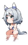  1girl animal_ears bare_arms bare_legs bare_shoulders bikini blush breasts cleavage ear_covers grey_eyes grey_hair highres hishi_miracle_(umamusume) horse_ears horse_girl large_breasts parted_lips short_hair soaking_feet solo swimsuit umamusume v_arms warashi 