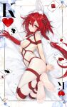  1girl absurdres animal_ears bdsm blush bondage bound breasts detached_collar fake_animal_ears full_body hair_ornament hairclip highres king_(playing_card) king_of_hearts_(playing_card) long_hair medium_breasts neptune_(series) pantyhose playboy_bunny rabbit_ears red_eyes red_hair restrained shibari shin_jigen_game_neptune_vii sideboob solo tennouboshi_uzume twintails very_long_hair white_pantyhose 