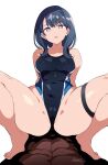  1boy 1girl abs barefoot batta_16-sei black_hair black_one-piece_swimsuit commentary_request competition_swimsuit covered_nipples grey_eyes gridman_universe highres long_hair looking_at_viewer m_legs multicolored_clothes multicolored_swimsuit one-piece_swimsuit pov simple_background sitting solo_focus spread_legs ssss.gridman straddling swimsuit takarada_rikka white_background 