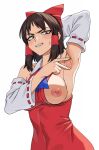  1girl absurdres arm_up armpits ascot blue_ascot blush bo_(bocky0w0) breasts brown_eyes brown_hair clenched_teeth collared_dress commentary_request cookie_(touhou) covered_navel cowboy_shot detached_sleeves dress fingernails hakurei_reimu highres large_breasts looking_at_viewer medium_bangs nipples red_dress ribbon-trimmed_sleeves ribbon_trim short_hair sideboob sidelocks simple_background sleeveless sleeveless_dress solo spread_armpit teeth togashi_(cookie) touhou white_background white_sleeves 