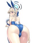  1girl animal_ears ass ass_focus blonde_hair blue_archive blue_bow blue_eyes blue_halo blue_leotard bow braid breasts commentary_request earrings fake_animal_ears french_braid from_behind hair_bow halo highres jewelry large_breasts leotard long_hair looking_at_viewer looking_back munashi_mujou official_alternate_costume official_alternate_hairstyle rabbit_ears rabbit_tail simple_background skindentation solo strapless strapless_leotard stud_earrings tail toki_(blue_archive) toki_(bunny)_(blue_archive) white_background 