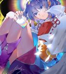  1girl blue_eyes blue_hair boots cape chinese_commentary commentary_request crying crying_with_eyes_open dress eyes_visible_through_hair flower_knot footwear_ribbon hairband highres long_sleeves medium_hair multicolored_clothes multicolored_dress multicolored_hairband rainbow rainbow_order ribbon sitting sleeves_past_wrists solo tears tenkyuu_chimata thighs touhou white_cape white_ribbon xinjinjumin249055877979 
