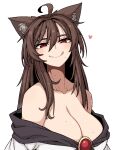  1girl ahoge animal_ear_fluff animal_ears bare_shoulders breasts brooch brown_hair collarbone fang formicid hair_between_eyes heart imaizumi_kagerou jewelry large_breasts long_hair looking_at_viewer mole mole_under_mouth red_brooch red_eyes simple_background smile solo tongue tongue_out touhou white_background wolf_ears wolf_girl 