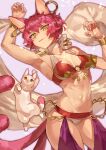  1girl absurdres animal_ear_piercing animal_ears armlet armpits breasts cat cat_ears cat_tail fang highres multiple_tails navel original pink_hair short_hair solo tail tapioka_chaso yellow_eyes 