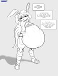 absurd_res anthro archie_comics belly big_belly breasts bunnie_rabbot clothing colin_(foxynoms) cowboy_hat cybernetic_leg cybernetic_limb english_text female foxynoms fully_inside hair hat headgear headwear hi_res jacket lagomorph leporid long_hair mammal one_eye_closed oral_vore rabbit robotic_leg sega sonic_the_hedgehog_(archie) sonic_the_hedgehog_(comics) sonic_the_hedgehog_(series) speech_bubble text thick_thighs topwear vore