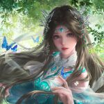  1girl absurdres blue_dress blue_eyes brown_hair bug butterfly butterfly_hair_ornament circlet clothing_cutout douluo_dalu dress fafa_zi_tiantian_kuaile foliage hagoromo hair_ornament hand_up highres long_hair looking_at_viewer looking_back ning_rongrong_(douluo_dalu) parted_lips second-party_source shawl solo upper_body 