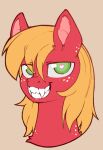 &lt;3_pupils bust_portrait cold-blooded-twilight earth_pony equid equine fangs freckles fur green_eyes grin hair hasbro horse long_hair looking_at_viewer male mammal my_little_pony orange_hair pony portrait red_body red_fur simple_background smile solo teeth