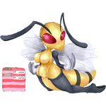  antennae anthro arm_warmers arthropod bee beedrill breasts eyelashes female insect kneeling looking_at_viewer nintendo plain_background pok&#233;mon pok&#233;morph pokemon pussy pussy_juice red_eyes solo thigh_socks unknown_artist video_games white_background wings 
