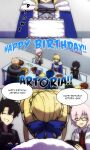  2girls 3boys artoria_pendragon_(fate) birthday_cake black_hair blonde_hair blue_bow bow cake cape chair chicken_(food) closed_eyes cu_chulainn_(fate) cu_chulainn_(fate/stay_night) fate/grand_order fate_(series) food fujimaru_ritsuka_(male) fujimaru_ritsuka_(male)_(polar_chaldea_uniform) gawain_(fate) gift glasses happy_birthday highres lazyartlazy12 mash_kyrielight multiple_boys multiple_girls pink_hair pizza red_tie table 