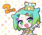  1girl :d arm_up blue_hair blush bow character_name chibi dress fang finger_counting gradient_hair green_eyes green_hair hairband highres idol_time_pripara kokichi_yoko looking_at_viewer multicolored_hair nijiiro_nino open_mouth polka_dot polka_dot_background pretty_series pripara pun short_hair smile solo swept_bangs triangle_hair_ornament upper_body v yellow_bow yellow_dress yellow_hairband 