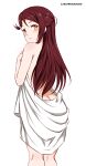  1girl absurdres aida_rikako ass blush box_wonderland english_commentary from_behind hair_ornament half_updo highres long_hair looking_at_viewer looking_back love_live! love_live!_sunshine!! red_hair sakurauchi_riko solo towel voice_actor_connection white_background yellow_eyes 