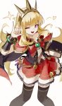  1girl black_thighhighs blonde_hair book cagliostro_(granblue_fantasy) cape dress granblue_fantasy highres holding holding_book jiu_ye_sang long_hair one_eye_closed open_mouth purple_eyes red_dress simple_background smile solo standing thighhighs vambraces white_background 