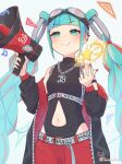  1girl 39 belt blue_eyes blue_hair blush braid chain_necklace clothing_cutout detached_hair ear_piercing goggles goggles_on_head hatsune_miku highres holding holding_megaphone jacket jewelry leotard long_hair long_sleeves magical_mirai_miku magical_mirai_miku_(2023) megaphone musical_note nail_polish navel navel_cutout necklace off_shoulder pants piercing smile solo star_(symbol) twin_braids very_long_hair vocaloid yasuno-labo 