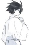  1boy ahoge arm_at_side clenched_hand closed_mouth from_side glasses itoshiki_nozomu japanese_clothes long_sleeves looking_ahead magusagari male_focus monochrome sayonara_zetsubou_sensei short_hair simple_background solo upper_body wide_sleeves 