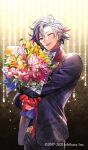  1boy ;d absurdres belt black_jacket black_pants border0715 bouquet copyright_name ear_piercing earrings flower formal fuwa_minato fuwa_minato_(2nd_costume) highres holding holding_bouquet jacket jewelry lights male_focus multicolored_hair nijisanji official_art one_eye_closed open_mouth pants piercing pink_flower pink_hair purple_eyes purple_hair red_ribbon ribbon smile solo sparkle streaked_hair suit teeth tongue upper_teeth_only virtual_youtuber white_belt white_hair yellow_flower 
