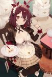  1girl animal_ears atelier_(series) atelier_sophie breasts brown_eyes brown_thighhighs cake cleavage closed_mouth dress food food_on_face fork holding holding_fork holding_plate icing indoors looking_at_viewer medium_breasts medium_hair official_art plate rabbit_ears rabbit_girl red_hair second-party_source sitting smile solo sophie_neuenmuller strawberry_shortcake table thighhighs toridamono 