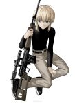  1boy absurdres belt black_belt black_footwear black_shirt blonde_hair blue_eyes character_request closed_mouth copyright_request expressionless full_body grey_pants gun highres holding holding_gun holding_weapon long_sleeves looking_to_the_side male_focus pants rifle satoukrm shirt shoes short_hair sidelocks simple_background sketch sneakers sniper_rifle solo weapon weapon_request weibo_logo weibo_username white_background 