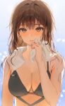  1girl bikini black_bikini blush breasts brown_hair cleavage collarbone highres holding holding_towel large_breasts looking_at_viewer myabit original outdoors solo swimsuit towel towel_around_neck upper_body water_drop 