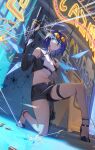  1girl absurdres arknights black_gloves blue_hair bullet glasses gloves gun halo high_heels highres holding matsuura_kagami midriff navel original poster_(object) shirt short_hair shorts solo weapon wings 