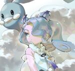  1girl absurdres altaria barefoot black_ribbon blue_hair breasts closed_mouth eyelashes flying_miku_(project_voltage) fur_collar hair_over_one_eye hair_ribbon hatsune_miku highres long_hair pokemon pokemon_(creature) project_voltage ribbon see-through see-through_sleeves simple_background sleeveless small_breasts tassel twintails upper_body vocaloid yu1_na12 