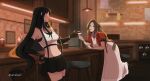  2girls aerith_gainsborough bar_(place) bar_stool bent_over black_hair bow braid braided_ponytail brown_eyes brown_hair crop_top cropped_jacket dress final_fantasy final_fantasy_vii final_fantasy_vii_remake fingerless_gloves gloves green_eyes hair_bow highres jacket leaning_on_table long_hair looking_at_another low-tied_long_hair multiple_girls pink_dress red_jacket smile stool suspenders thighhighs tifa_lockhart vanekairi 