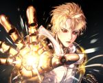  1boy absurdres black_background black_sclera blonde_hair colored_sclera commentary_request cyborg earrings genos highres jewelry male_focus one-punch_man onigirimayora open_mouth short_hair simple_background solo yellow_eyes 