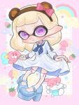  1girl artist_name blonde_hair blue_footwear border commentary_request dress full_body grid_background high_heels highres inkling_girl inkling_player_character medium_hair mina_p open_mouth outside_border pink_border pointy_ears purple_eyes sailor_dress smile solo splatoon_(series) splatoon_3 tentacle_hair thick_eyebrows thighhighs twitter_username white_background white_dress 