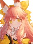  1girl :3 absurdres animal_ear_fluff animal_ears bow bowtie closed_mouth fate/samurai_remnant fate_(series) fox_ears ggangtong hair_bow highres japanese_clothes kimono light_blush long_hair looking_at_viewer pink_hair portrait sidelocks simple_background sleeves_past_wrists solo tamamo_(fate) tamamo_aria_(fate) upper_body white_background white_bow white_bowtie yellow_bow yellow_eyes yellow_kimono 