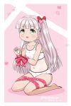  1girl bound bow bra green_eyes grey_hair hair_bow kantai_collection kneeling long_hair maestrale_(kancolle) masara_(chuujou) one-hour_drawing_challenge one-piece_tan one_side_up panties polka_dot polka_dot_ribbon red_bow red_ribbon ribbon solo sports_bra tan tanlines tied_up_(nonsexual) underwear underwear_only white_bra white_panties 