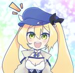  1girl blonde_hair blue_headwear breasts choker cleavage dokibird_(vtuber) green_eyes hat indie_virtual_youtuber jacket korafuwa long_hair open_clothes open_jacket open_mouth smile solo teeth twintails upper_teeth_only 
