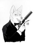 007 absurd_res anthro bad_trigger_discipline black_and_white black_tie_(suit) bow_(feature) bow_tie canid canine canis clothing fur gun handgun hi_res holding_gun holding_object holding_weapon james_bond james_wolf looking_at_viewer male mammal monochrome pistol ranged_weapon simple_background solo some_(someone) suit traditional_media_(artwork) weapon wolf