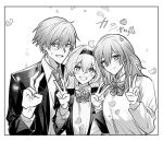  1boy 2girls blazer blush bow bowtie breasts caelus_(honkai:_star_rail) collared_shirt double_v falling_petals firefly_(honkai:_star_rail) greyscale hair_between_eyes hair_intakes hairband hand_up hands_up head_tilt highres honkai:_star_rail honkai_(series) inset_border jacket long_hair long_sleeves looking_at_viewer medium_breasts monochrome multiple_girls necktie open_clothes open_jacket open_mouth petals school_uniform shirt short_hair side-by-side sidelocks sleeve_cuffs smile sound_effects stelle_(honkai:_star_rail) straight-on striped_bow striped_bowtie striped_clothes striped_necktie sweat tomono_tomochan trailblazer_(honkai:_star_rail) upper_body v 