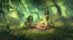  2girls breasts breasts_apart calm_(artist) cowgirl_position dryad flower forest girl_on_top green_eyes green_hair green_skin group_sex kneeling large_breasts light_rays medium_breasts multiple_girls muscle nature navel nipples nude original penis pointy_ears pussy sex stomach straddling threesome toned uncensored vaginal 