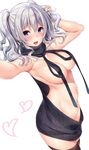  armpits backless_dress backless_outfit black_legwear blue_eyes blush breasts commentary cowboy_shot dress halterneck heart highres holding holding_hair kantai_collection kashima_(kantai_collection) large_breasts long_hair looking_at_viewer meme_attire naked_sweater navel nironiro open_mouth reaching reaching_out self_shot sidelocks silver_hair simple_background smile solo sweater sweater_dress thighhighs turtleneck turtleneck_sweater twintails virgin_killer_sweater wardrobe_error wavy_hair white_background 