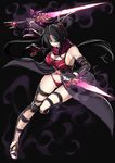 &gt;:) ass_visible_through_thighs bare_shoulders black_gloves black_hair breasts cleavage commentary dagger dual_wielding elbow_gloves full_body gloves hair_ornament holding holding_sword holding_weapon kaorihero large_breasts long_hair looking_at_viewer original panties parted_lips red_panties red_scarf reverse_grip scarf smile solo sword underwear v-shaped_eyebrows waist_cape weapon 