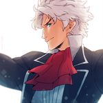  aqua_eyes arms_up classicaloid close-up cravat dramatica jacket looking_at_viewer ludwig_van_beethoven_(classicaloid) male_focus silver_hair smile solo upper_body 