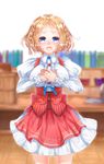  atelier_(series) atelier_firis blonde_hair blue_eyes blurry blush book braid breasts center_frills depth_of_field hands_on_own_chest high-waist_skirt highres juliet_sleeves large_breasts long_sleeves looking_at_viewer open_mouth own_hands_together puffy_sleeves red_skirt shannon_atkins shirt short_hair siyusiyu13 skirt solo white_background white_shirt wooden_floor 