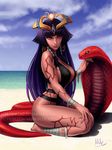  1girl anklet bandage bare_shoulders barefoot beach breasts cleavage crown dark_skin egyptian feet gold hair_tubes jewelry large_breasts long_hair lots_of_jewelry mamono_girl_lover monster_girl monster_girl_encyclopedia nail_polish navel necktie pharaoh pharaoh_(mamono_girl_lover) pharaoh_(monster_girl_encyclopedia) purple_hair red_eyes sitting snake solo 