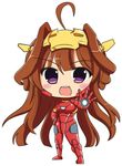  ahoge aiming_at_viewer brown_hair captain_america_civil_war chibi cosplay full_body headgear iron_man iron_man_(cosplay) kantai_collection kongou_(kantai_collection) marvel open_mouth power_armor purple_eyes setia_pradipta smile solo 