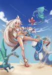  ahoge beach bell_(angelicalary) belt bikini blue_skirt breasts cleavage cloud dark_skin day dragon granblue_fantasy head_tilt leg_up long_hair medium_breasts midriff open_clothes open_shirt outstretched_arms pleated_skirt red_eyes sandals scabbard sheath sheathed shirt skirt skirt_around_one_leg smile solo standing standing_on_one_leg swimsuit sword weapon white_hair zooey_(granblue_fantasy) 