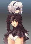  1girl android artist_request ass back back_opening black_dress black_hairband black_legwear blindfold dress from_behind gloves hairband nier_(series) nier_automata panties parted_lips shiny shiny_hair shiny_skin short_hair solo thighhighs yorha_unit_no._2_type_b 