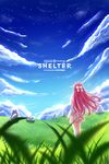  blue_sky bow copyright_name day digital_dissolve field from_behind hair_bow highres long_hair nore_th pink_hair plaid plaid_skirt rin_(shelter) rock shelter_(music_video) skirt sky solo white_bow wind 