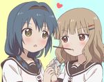  blonde_hair blue_hair brown_eyes collarbone eye_contact food food_in_mouth furutani_himawari hair_ornament hairband hairclip holding_hand looking_at_another low_twintails mouth_hold multiple_girls nanamori_school_uniform oomuro_sakurako open_mouth pocky school_uniform serafuku twintails u~e@kuso_teitoku yuri yuru_yuri 