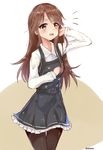  absurdres arashio_(kantai_collection) belt black_dress black_legwear blush brown_eyes brown_hair commentary dress eyebrows_visible_through_hair frilled_dress frills highres kantai_collection long_hair long_sleeves looking_at_viewer pantyhose pinafore_dress remodel_(kantai_collection) school_uniform shirt solo tachibana_(x_quick) translation_request twitter_username white_background white_shirt 