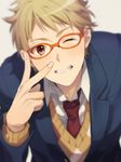  ;) bespectacled blazer blonde_hair blush brown_eyes glasses grey_background grin jacket kanbara_akihito katase_waka kyoukai_no_kanata leaning_forward male_focus necktie one_eye_closed orange-framed_eyewear red_neckwear school_uniform simple_background smile solo sweater upper_body 