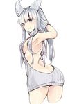  218 animal_ears aran_sweater arm_up armpits ass backless_dress backless_outfit bangs bare_back blue_eyes blush breasts butt_crack closed_mouth commentary_request dress erune eyebrows_visible_through_hair from_behind granblue_fantasy halterneck korwa large_breasts long_hair looking_at_viewer meme_attire naked_sweater no_bra no_panties sideboob silver_hair simple_background smile solo sweater sweater_dress turtleneck turtleneck_sweater virgin_killer_sweater white_background 